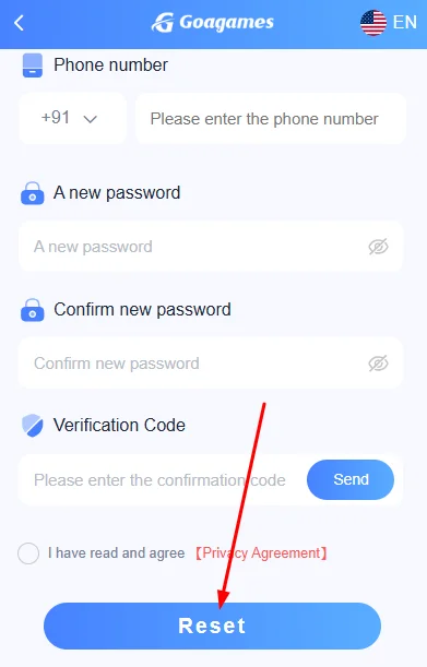  Tap Reset to confirm your new password